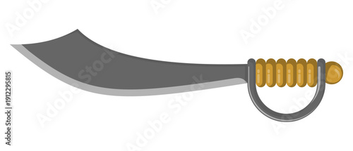 Pirate cutlass sword vector illustration featuring a curved scimitar blade and golden handle, isolated flat design icon for gaming assets, adventure themes, and historical maritime pirate concepts.