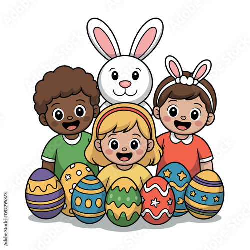 A group of happy children with Easter eggs and a bunny