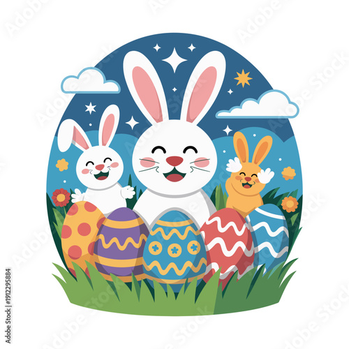 A colorful illustration of three happy bunnies surrounded by decorated Easter eggs in a grassy field under a starry night sky