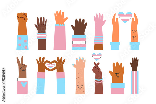 Diverse hands with transgender symbols and colors set. Trans, genderqueer, nonbinary awareness and visibility concept.  Minimal vector illustration.