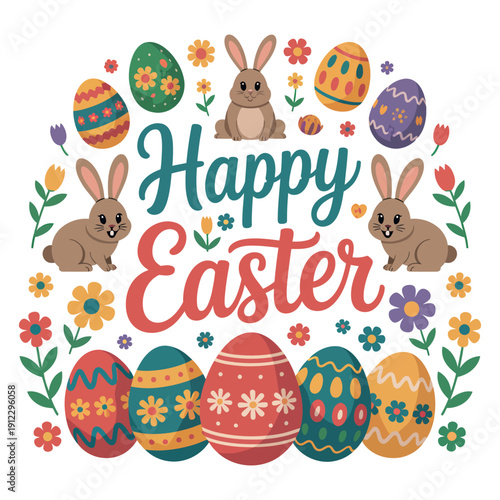 A colorful Easter graphic with happy bunnies, decorated eggs, and flowers on a white background