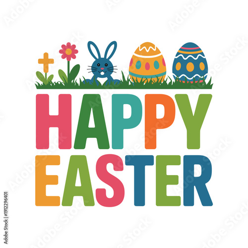 A colorful Easter graphic with a bunny and eggs on a white background
