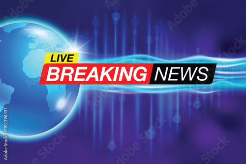 Breaking news broadcast graphic with live globe and neon lighting effects