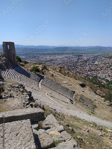 The curved seating rows of Pergamon’s ancient theatre carved into the hillside.
Above the theatre the remains of ancient temples reflect the grandeur of the Pergamon acropolis.
The site combines impre