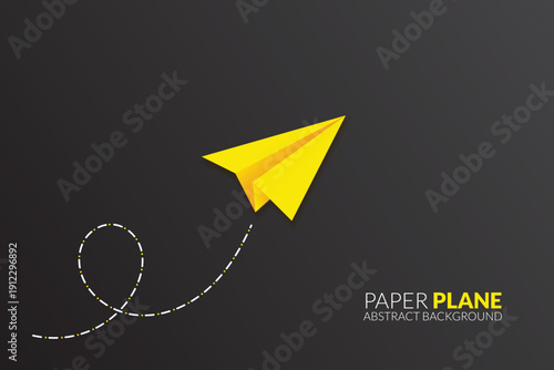Yellow paper plane flying from handwritten doodle line on black background minimal design