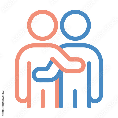 Two stylized figures embrace showing support and friendly.