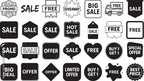 Sale Labels Collection with Discount Offers and Free Promotions Set by Illustrator