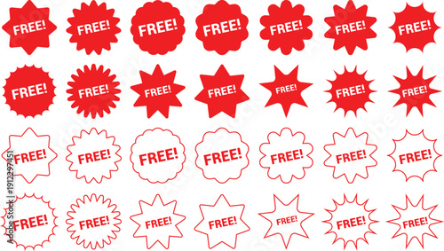 Red Free Labels and Badges Collection with Various Shapes Isolated on White