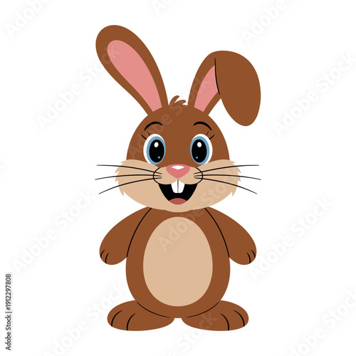 A cartoon brown rabbit with big eyes and a cheerful expression stands on a white background