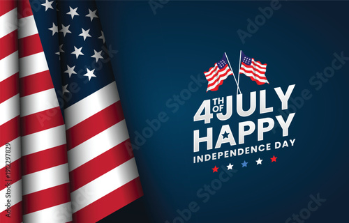 American Flag with 4th July Happy Independence Day Text on Blue Background
