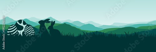 Minimalist emerald green landscape vector illustration with rabbit family