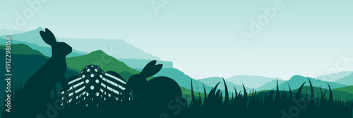Atmospheric mint horizon with hopping hares and eggs for holiday header