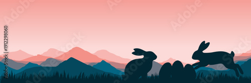 Minimalist vector illustration of rabbit family in nature for holiday header