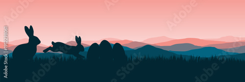 Pink and blue mountain horizon with hopping hares and copy space