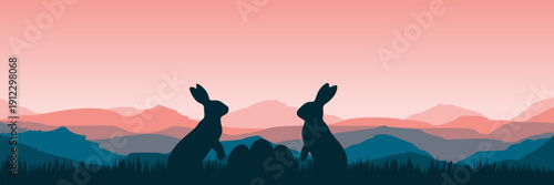 Serene outdoor scene with silhouette of bunnies and eggs at sunrise