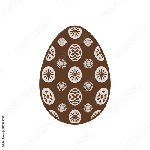 A brown Easter egg with white floral patterns on a plain background