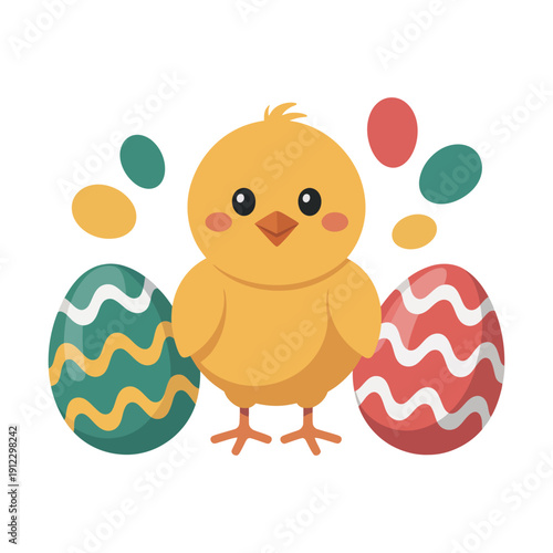 A cute cartoon chick standing next to colorful Easter eggs on a white background