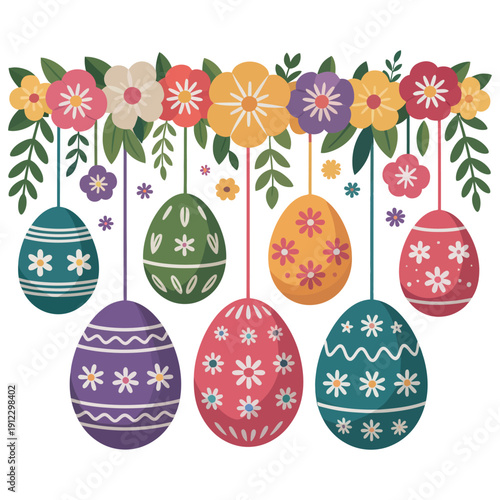 A colorful illustration of decorated Easter eggs hanging from a floral garland on a white background