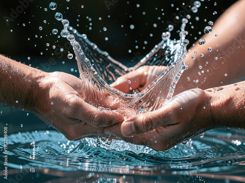 Close-up of Cupped Hands Splashing Fresh Clear Water in a Bright Blue Pool