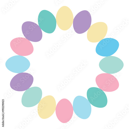 A colorful Easter wreath made of pastel eggs on a white background