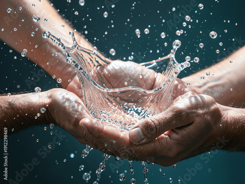 Close-up of Cupped Hands Splashing Fresh Clear Water in a Bright Blue Pool