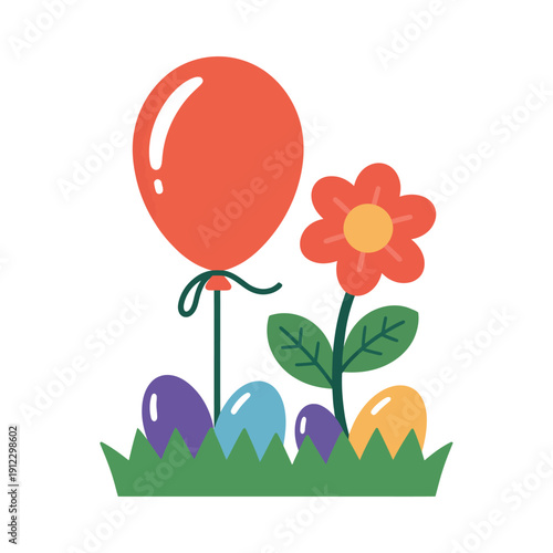 A colorful Easter scene with a red balloon, flower, and eggs in the grass