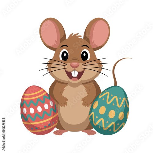 A cheerful cartoon mouse stands beside two colorful Easter eggs on a white background