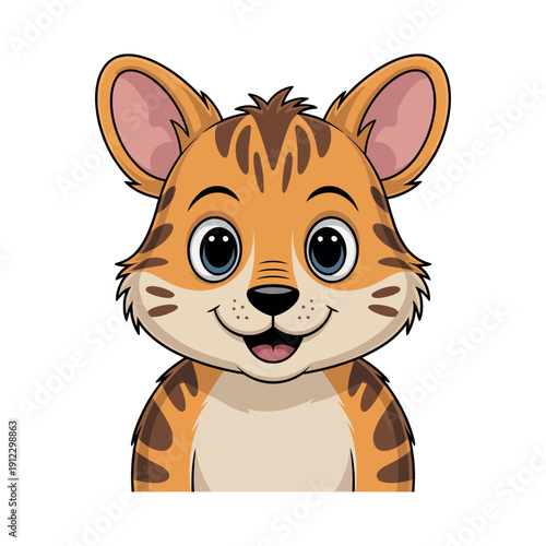 A cartoon tiger with big eyes and a happy face on a white background