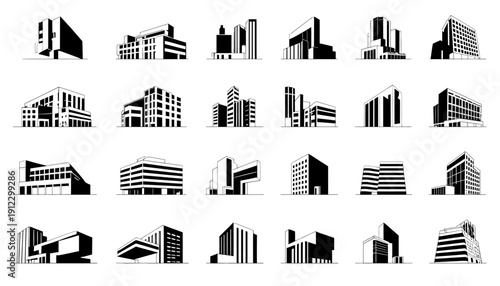 A collection of modern city building icons in black and white