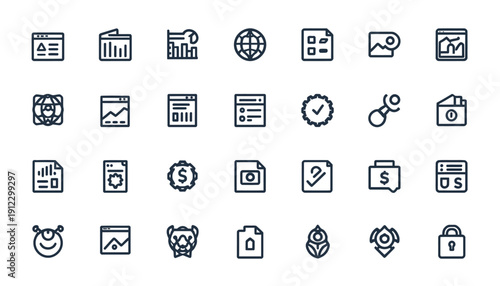 A collection of various business and finance icons on a white background