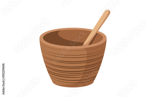 Empty brown bowl with a wooden spoon ready for mixing ingredients.