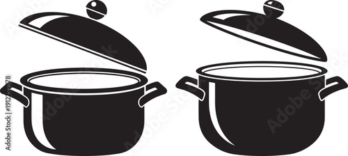 Two pots with open lids on white background