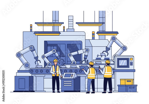 Automated Factory Production Line with Workers and Robotic Arms Illustration