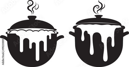 Pots boiling over on white background
