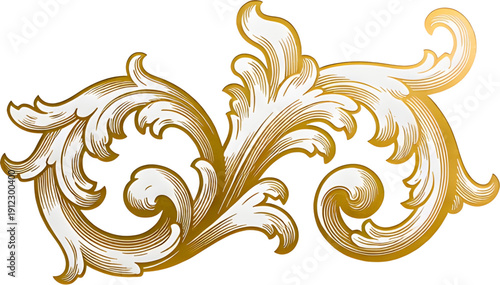 Ornate golden acanthus scroll flourish in classical baroque style, luxury decorative emblem for premium branding and elegant packaging design