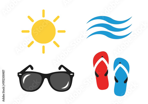 Summer Beach Icons: Sun, Waves, Sunglasses, and Flip-Flops