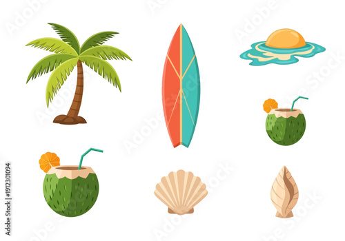 Summer Beach Holiday Icons: Palm Tree, Surfboard, Sun, Coconut Drink, and Seashells