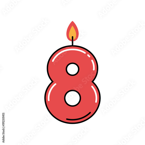 Red number eight birthday candle burns brightly with a glowing wick.