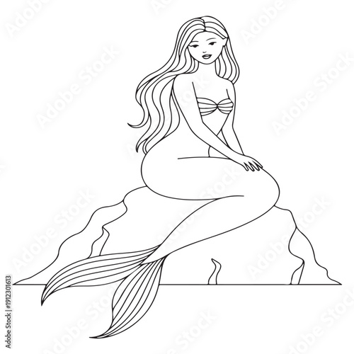 Beautiful mermaid sitting on sea rock hand drawn vector illustration for adult coloring book page elegant mythological woman with long hair ocean fantasy theme graceful siren line drawing