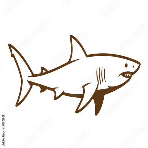 Brown outline of a great white shark, isolated on a transparent background, realistic ocean predator vector illustration, marine life symbol