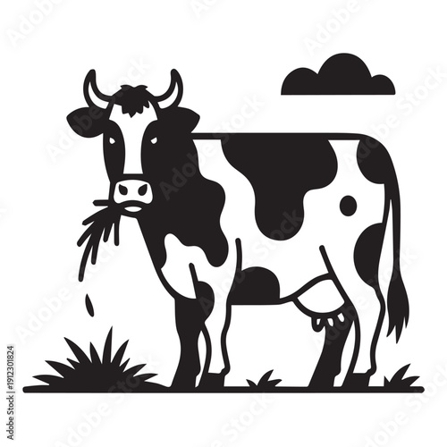 Cow eating grass vector illustration, farm animal grazing drawing, rural livestock black and white image, agricultural cattle graphic