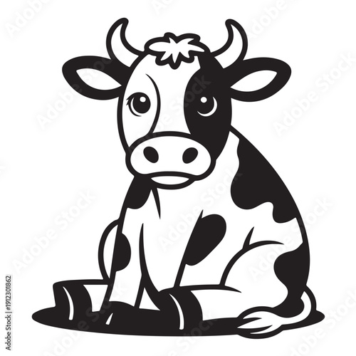 Cute black and white spotted cow sitting down, cartoon vector illustration on transparent background, adorable farm animal character for children