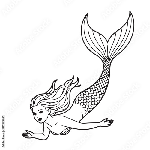 Graceful mermaid swimming underwater silhouette line art for creative coloring book page fantasy ocean creature with long flowing hair and scaled tail mythological siren swimming forward