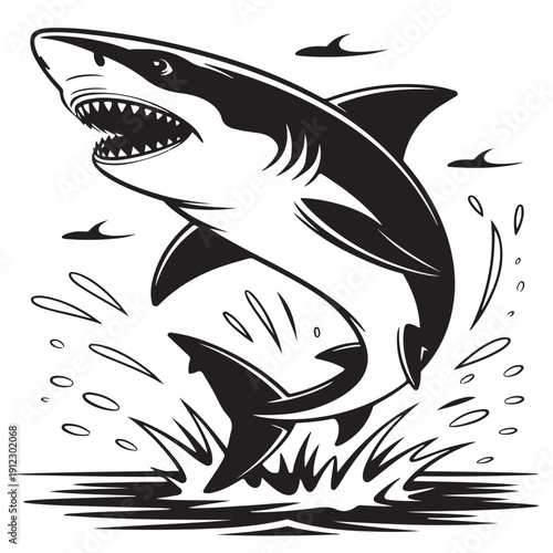 Great white shark jumping out of water creating big splash in ocean surface with smaller fish around it