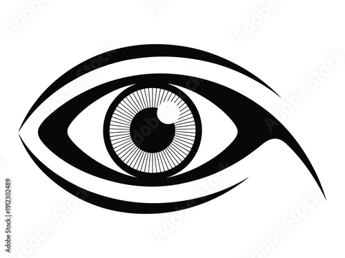 A stylized black and white illustration of a human eye with a unique design