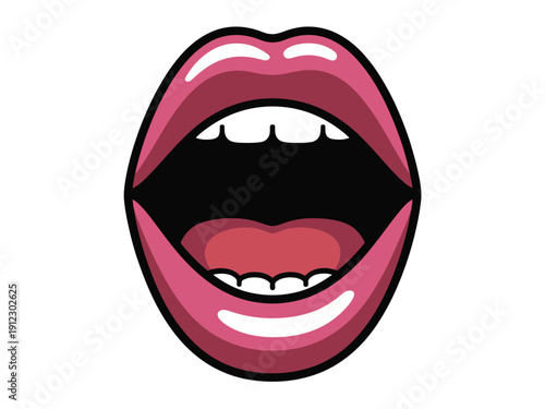 A cartoon illustration of a smiling mouth with open lips and visible teeth on a white background