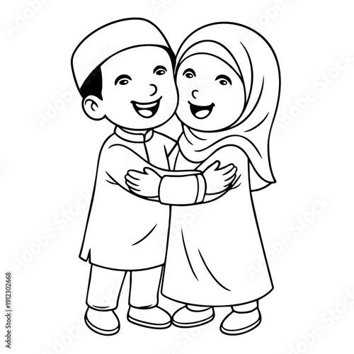 Charming cartoon illustration of a joyful Muslim couple holding hands and smiling, depicting love and wedding celebration in a happy mood.