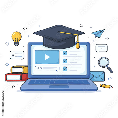Online education with laptop and graduation cap