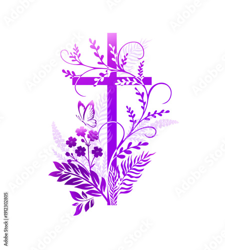 Religious violet cross with flowers. Hand drawn. Not AI, vector illustration