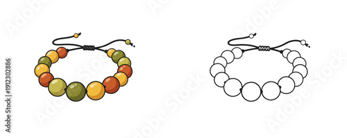 Handmade adjustable cord bracelet in cartoon style featuring round beads in orange green and yellow colors on black string used for fashion accessory and jewelry decoration